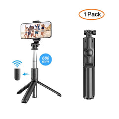 A Bluetooth selfie stick tripod with a built-in light, extended to show different usage scenarios such as a selfie, a group photo, and a stability shot. Includes a remote control.