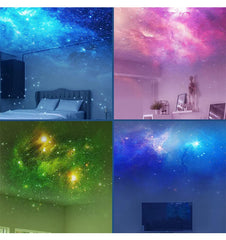 Collage of four images showing different galaxy-themed ceiling designs in various rooms.