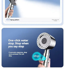 Handheld shower head with one-click water stop feature on a blue background