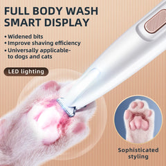 Pet grooming tool with LED lighting on a paw, featuring text about widened bits and shaving efficiency.