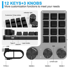 Bluetooth RGB Macro Keyboard – 3 Knobs, 12 Keys, Programmable Mechanical Hotswap Keypad