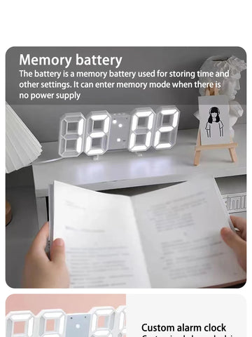 Digital clock on a desk with a person reading a book, emphasizing the memory battery feature.