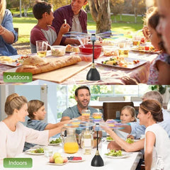 Top image: Family dining outdoors with a table full of food. Bottom image: Family dining indoors at a table with plates and glasses.