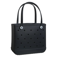 Black tote bag with perforated design and brand logo on a white background