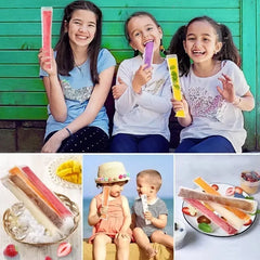 Three children enjoying colorful ice pops against a green wooden background, with additional images of ice pops and children eating them.