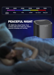 Air purifier with noise level indicator and text about peaceful night sleep.