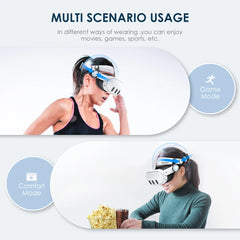 Two people wearing a VR headset with text on multi-scenario usage.