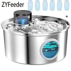 ZYFeeder pet water fountain with water droplets and blue filter cartridges on a white background