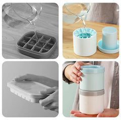 Collage of a silicone ice cube tray, filled ice cubes, and a person holding a container with a lid.