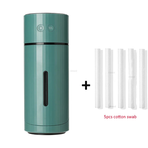 Green cylindrical product with black accents and cotton swabs on a white background