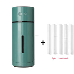 Green cylindrical product with black accents and cotton swabs on a white background