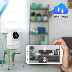 Smart home security camera with cloud storage feature displayed on a smartphone screen.