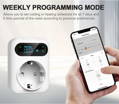 Smart thermostat and smartphone app for weekly programming mode on a light background