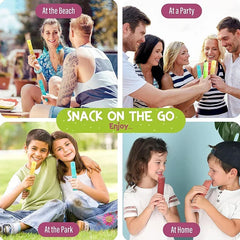 Collage of people enjoying popsicles at various locations with text indicating scenes.
