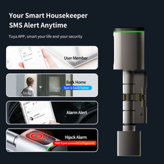 Smart lock with Tuya APP features on a dark background