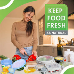 Woman in a kitchen preparing food with food storage containers, text 'Keep Food Fresh as Natural' on a green background.