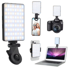 LED light panel with various attachments on a white background