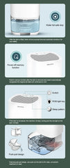 Product features of a humidifier with water full stop, power-off memory function, switch settings, and push-pull design.