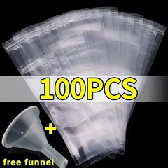 Clear plastic bags with a free funnel on a black background, labeled '100PCS'.