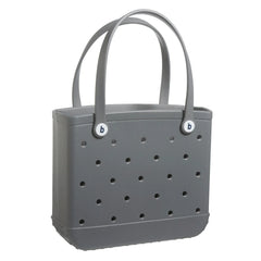 Gray tote bag with perforated design and brand logo on a white background