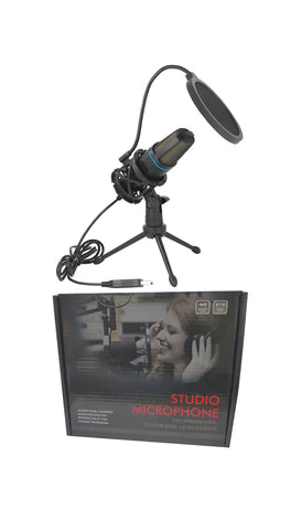 Studio microphone with stand and packaging on a white background