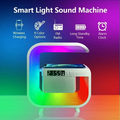 Smart light sound machine with colorful display on a gradient background
