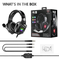 Gaming headset with RGB lighting, cables, and packaging on a white background