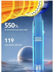 Product with text about air pressurized large water outlet and laser booster outlet hole against a space-themed background.