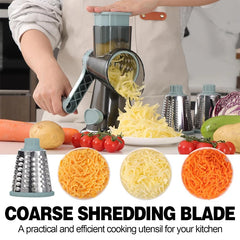 Coarse shredding blade used to shred vegetables with a display of shredded produce.