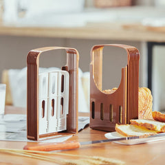 Wooden toast racks on a kitchen counter with bread and milk in the background