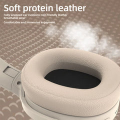 Close-up of a soft protein leather ear cushion with text on a textured background