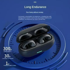 Black wireless earbuds with charging case on a blue background, highlighting long endurance feature.