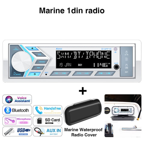 Marine 1din radio with waterproof cover on a white background
