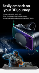 VR headset with smartphone attachment and 3D gaming graphics on a dark background