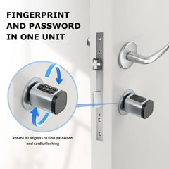 Door lock system with fingerprint and password capabilities on a white door.
