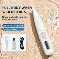 White grooming tool with text about its features on a wet surface background
