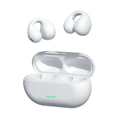 White wireless earbuds with charging case on a white background