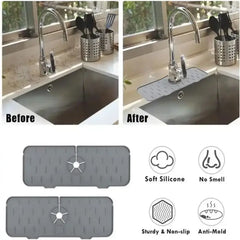 Before and after comparison of a kitchen sink with a silicone mat, highlighting features like soft silicone, no smell, sturdy, and anti-mold properties.