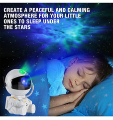 Child sleeping with a night light and astronaut toy, promoting a peaceful sleep atmosphere.