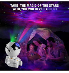 Star projector with family under a blanket fort, text 'Take the magic of the stars with you wherever you go'.