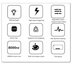 Set of icons and text describing features of a product on a white background
