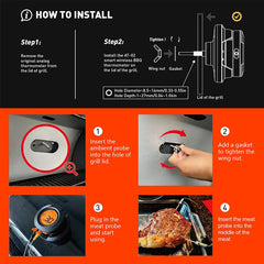 Step-by-step installation guide for a smart wireless BBQ thermometer with visual instructions and diagrams.