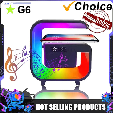 Colorful electronic device with a smartphone on top, surrounded by musical notes and promotional text.