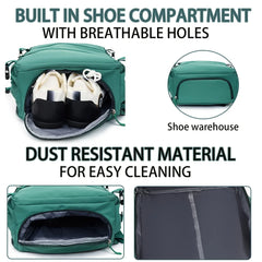 Green bag with built-in shoe compartment and breathable holes, dust-resistant material for easy cleaning.