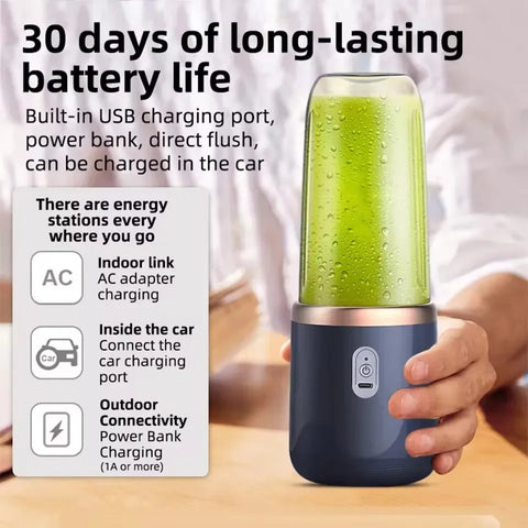 Portable blender with green juice and charging options displayed.