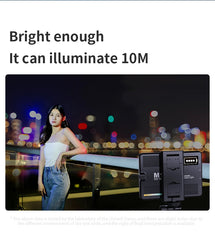Person standing on a bridge with city lights in the background, next to electronic devices.
