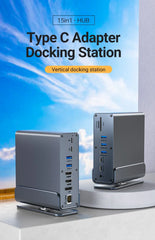 "15-in-1 USB-C Docking Station – Vertical 4K HD Hub with Triple Monitor Support, 1000Mbps RJ45, USB 3.0/2.0, PD 3.0, SD/TF, 3.5mm Audio for MacBook Pro"