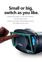 VR headset with a hand interacting with it, on a white background with text about screen size adaptability.
