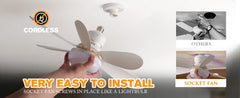 Cordless ceiling fan with installation instructions and comparison to other fans.