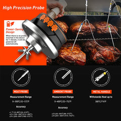 High precision probe for cooking with grill and meat on an orange and black background